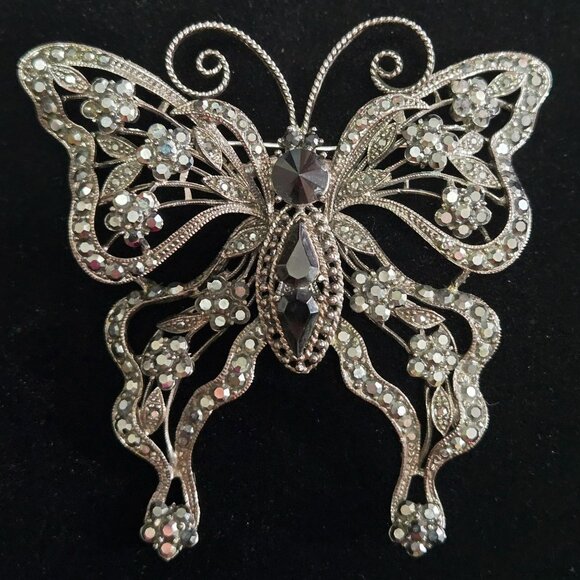 Large Black Rhinestone Butterfly Brooch - Picture 1 of 5